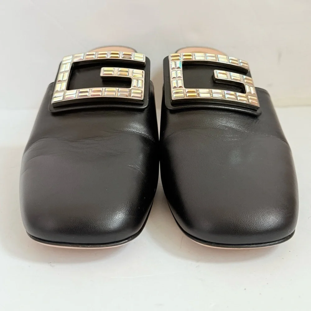 Gucci Black leather Madelyn Crystal G Mules Block heel  EU 41